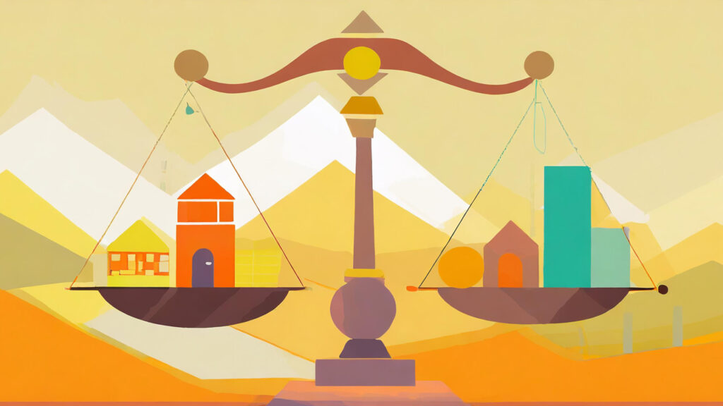 A graphic depicting a scale with various elements of development such as housing education