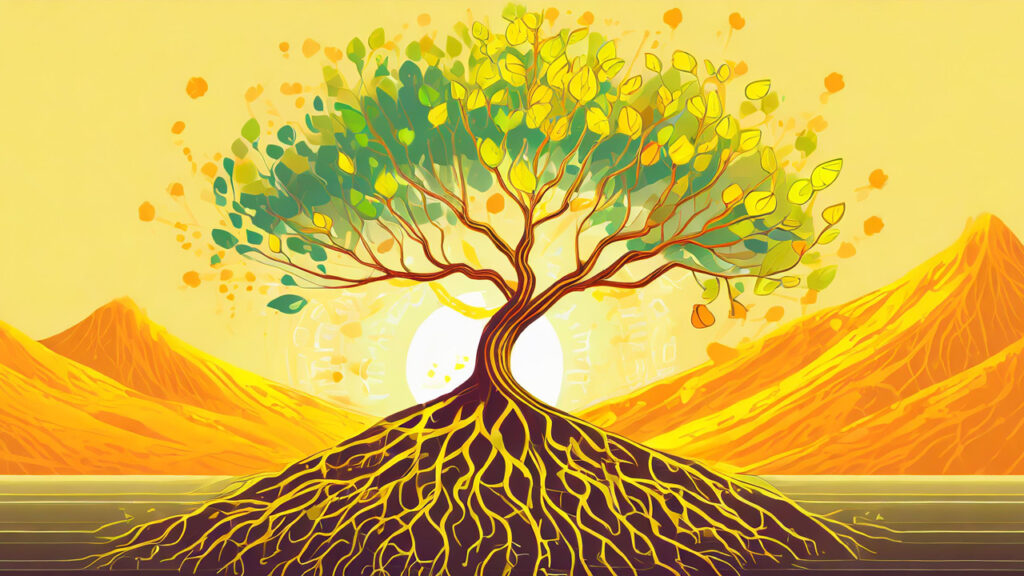 illustration depicting a tree growing from a seed with roots representing financial inve